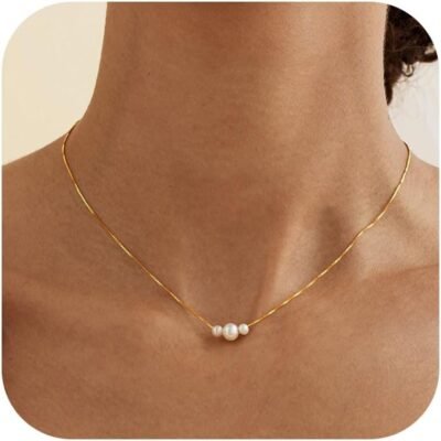 Gold Pearl Necklaces for Women Trendy, 14K Gold Plated Dainty Necklace Simple Layered Pearl Necklaces for Women Trendy Wedding Birthday Jewelry