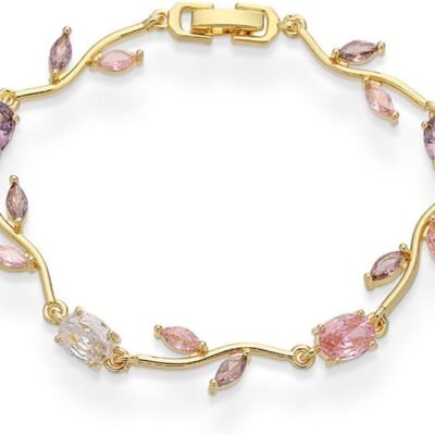 Crystal Flower Leaf Bracelet for Women Gold-Tone/Silver Plated Dainty Colorful Oval Cz Cubic Zirconia Floral Tennis Bracelets Sweet Fine Bridal Wedding Prom Jewelry for Her 7.48inch