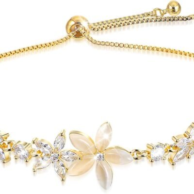 Gold Adjustable Bracelets for Women,Dainty Flower Bracelet Rhinestone Slider Floral Bracelet Floral Jewelry Adjustable Bridesmaid Bracelets Jewelry Gift