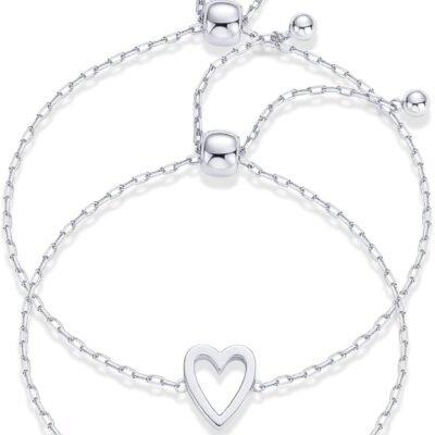 14K Gold Plated Matching Heart Charms Solitaire Bracelet Set for Women | Adjustable Valentines Day Love Friendship Two Bracelet Pack