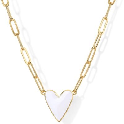 14K Gold Plated Heart Enamel Pendant Necklace for Women | Love Paperclip Chain Necklaces | Blue Pink Purple White Enamel Heart Pendants