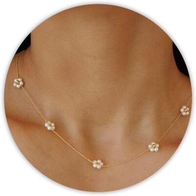Pearl Necklaces for Women, Daisy Pearl Choker as Christmas Stocking Stuffers for Teens, Silver Daisy Pearls Jewelry Trendy Stuff Birthday Gifts 3 Pearls White Necklace as Wedding Jewelry