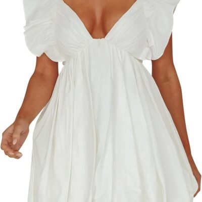 Summer Mini Dress Deep V-Neck Babydoll Dress Bubble Dress Backless Lace Up Sexy Short Dress