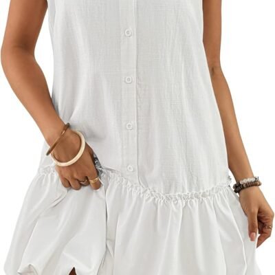 Womens Casual Summer Dresses Sleeveless Linen Bubble Mini Short Dress Button Down Shirt Sundress with Pockets