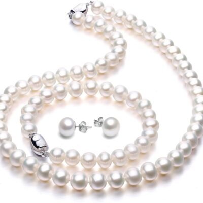 Freshwater Cultured Pearl Necklace Set Includes Stunning Bracelet and Stud Earrings Jewelry for Women